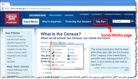 2010 Census Social Media Page Hidden Under "Take Part" Navigation Tab